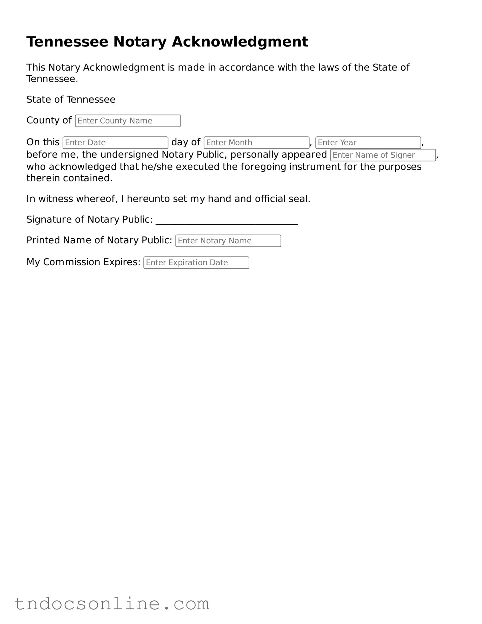 Valid Notary Acknowledgement Document for the State of Tennessee