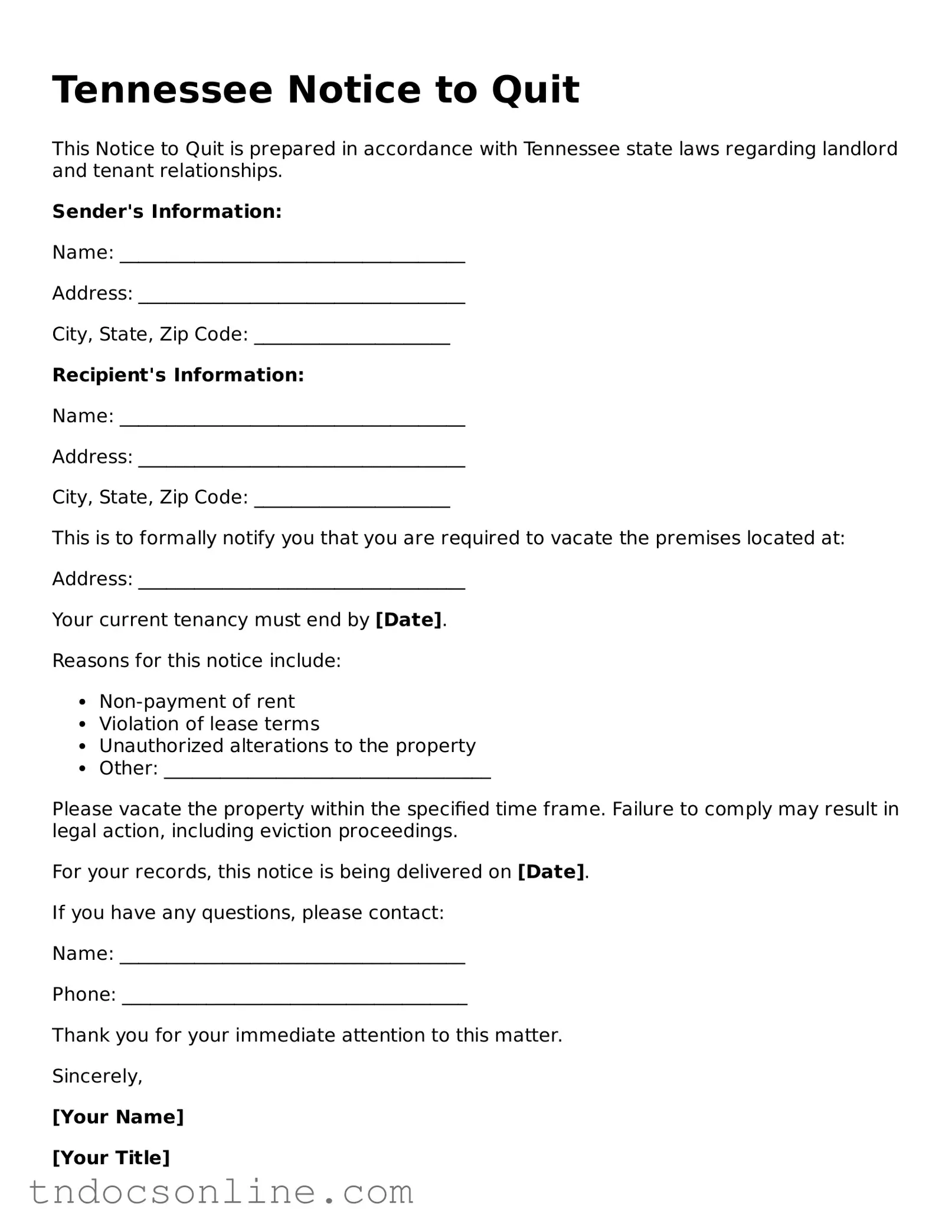 Valid Notice to Quit Document for the State of Tennessee