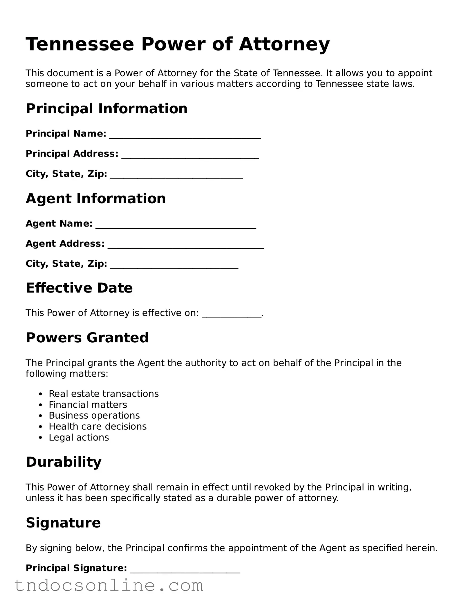 Valid Power of Attorney Document for the State of Tennessee