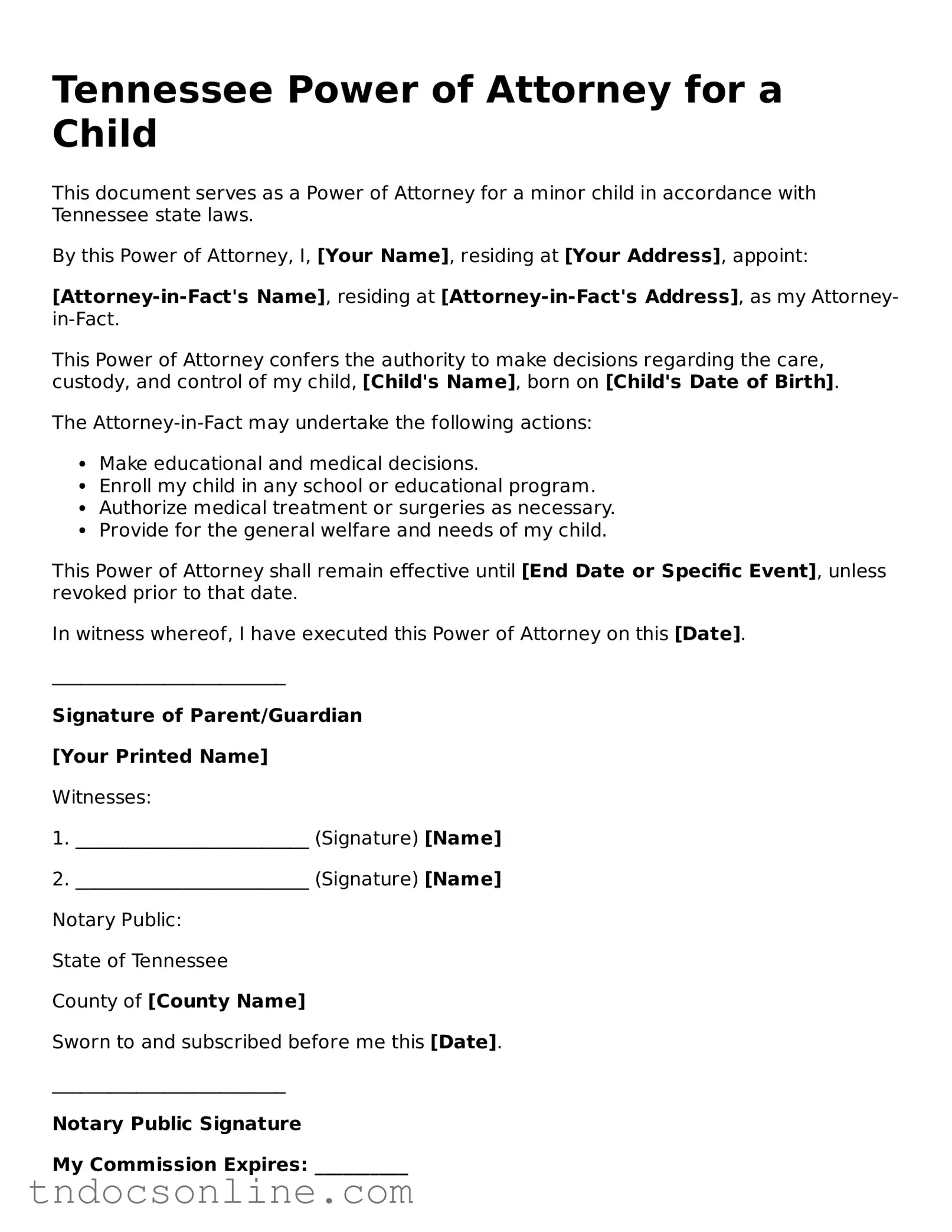 Valid Power of Attorney for a Child Document for the State of Tennessee