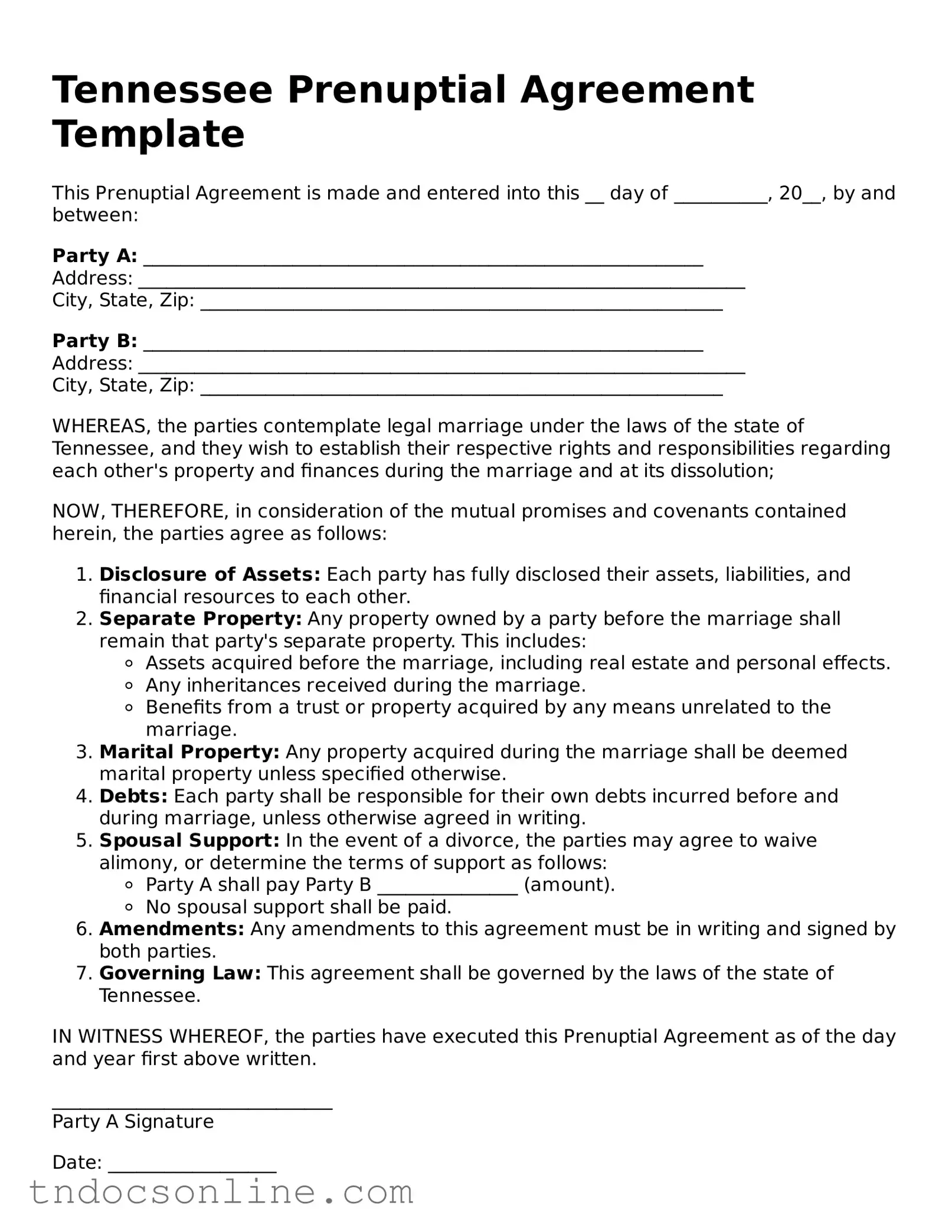 Valid Prenuptial Agreement Document for the State of Tennessee