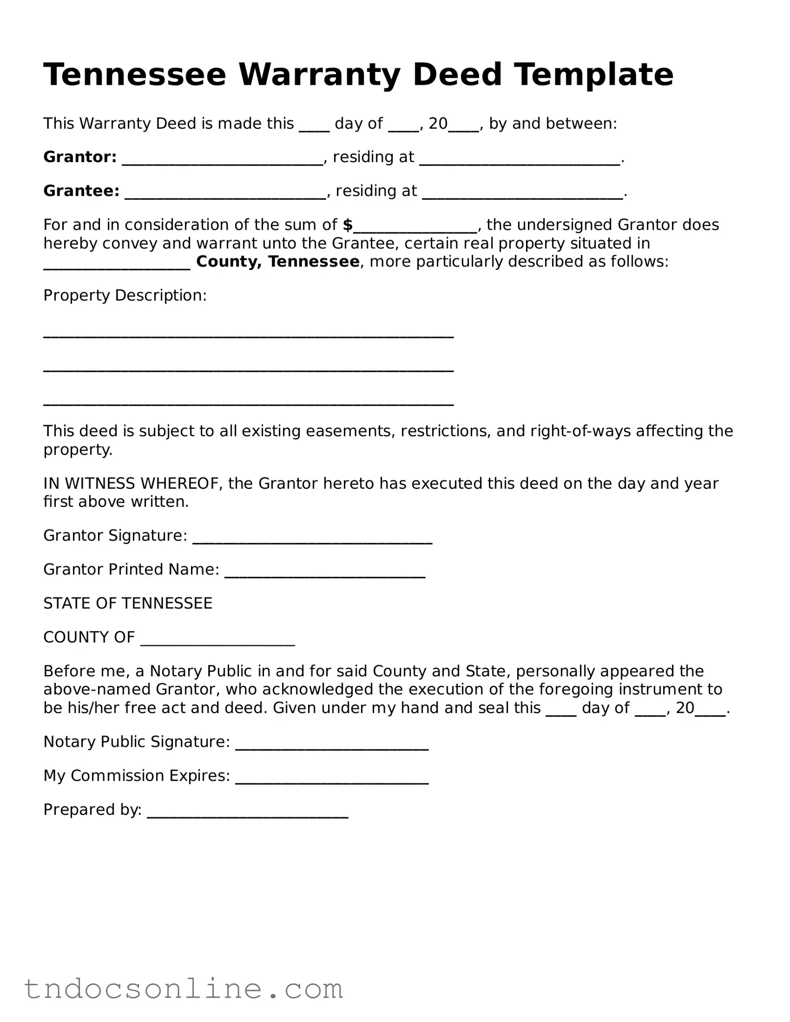 Valid Deed Document for the State of Tennessee