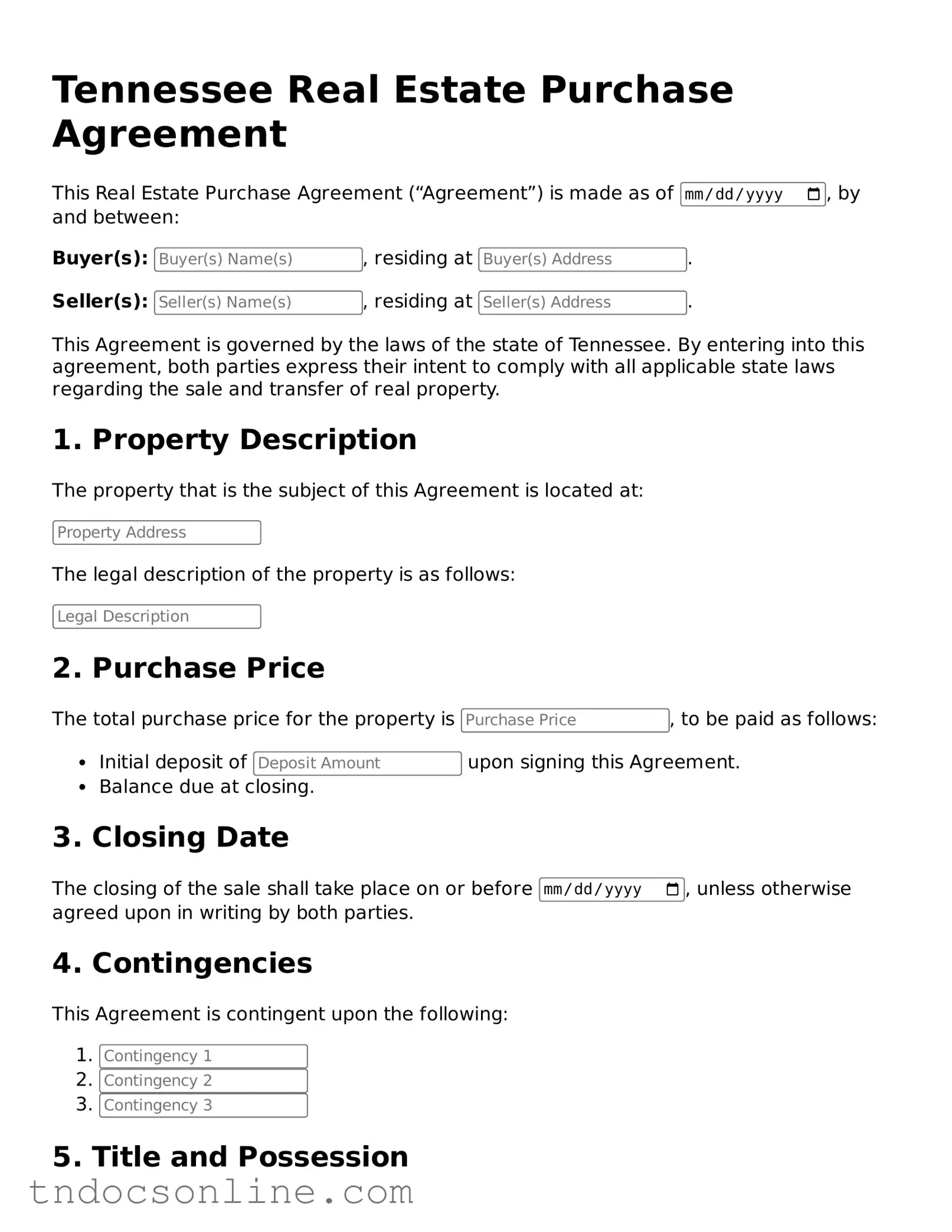 Valid Real Estate Purchase Agreement Document for the State of Tennessee
