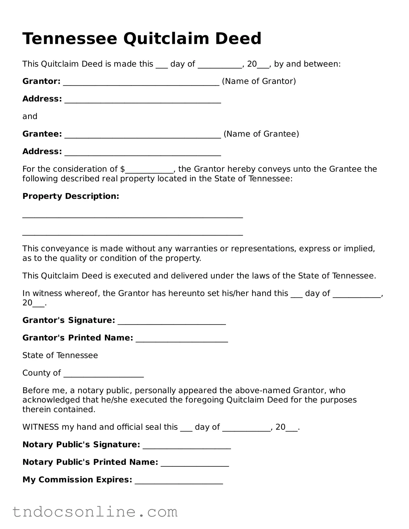 Valid Quitclaim Deed Document for the State of Tennessee