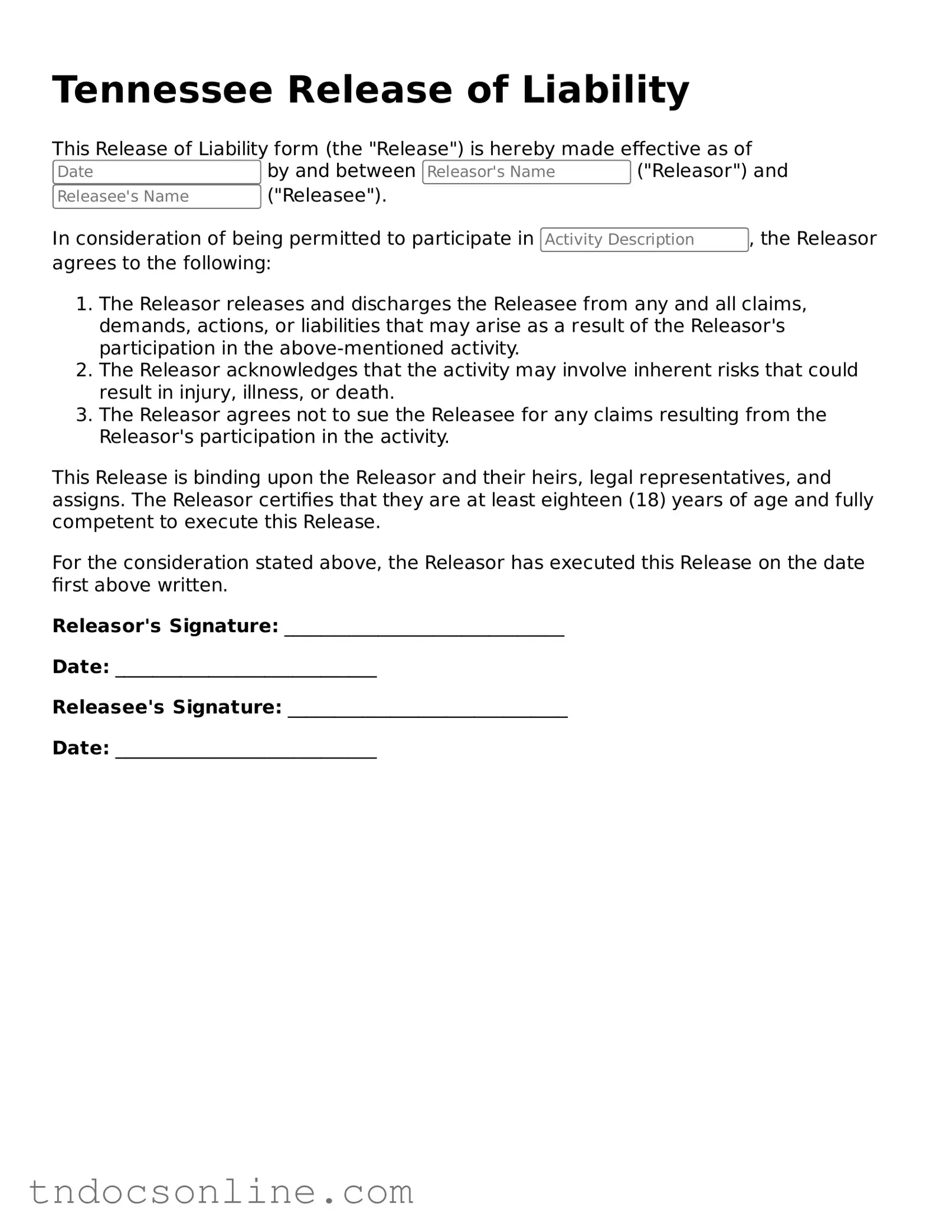 Valid Release of Liability Document for the State of Tennessee