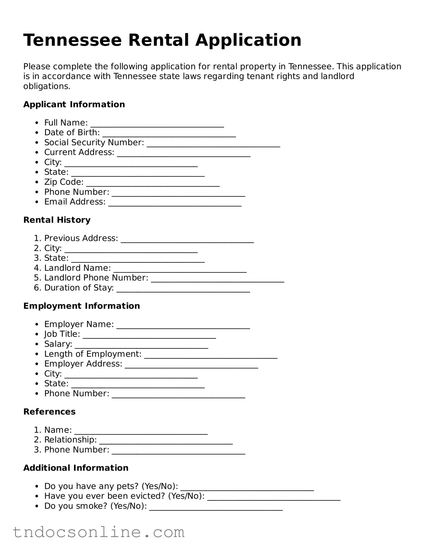 Valid Rental Application Document for the State of Tennessee