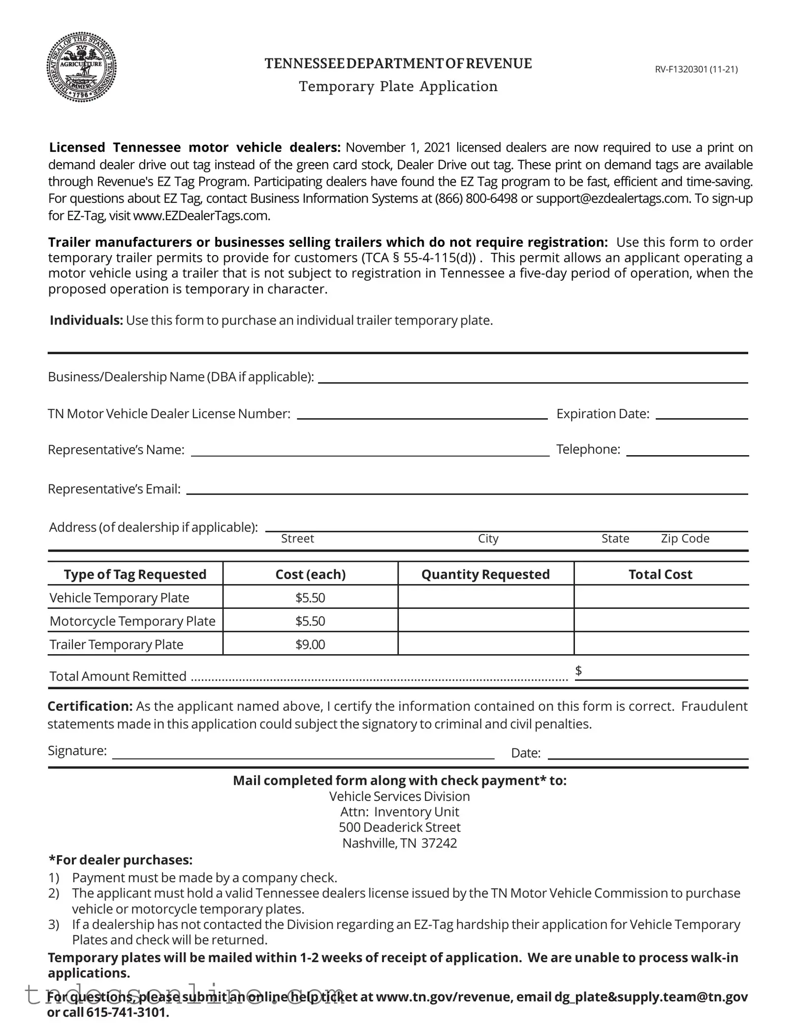 Download Tennessee Temporary Plate Template in PDF