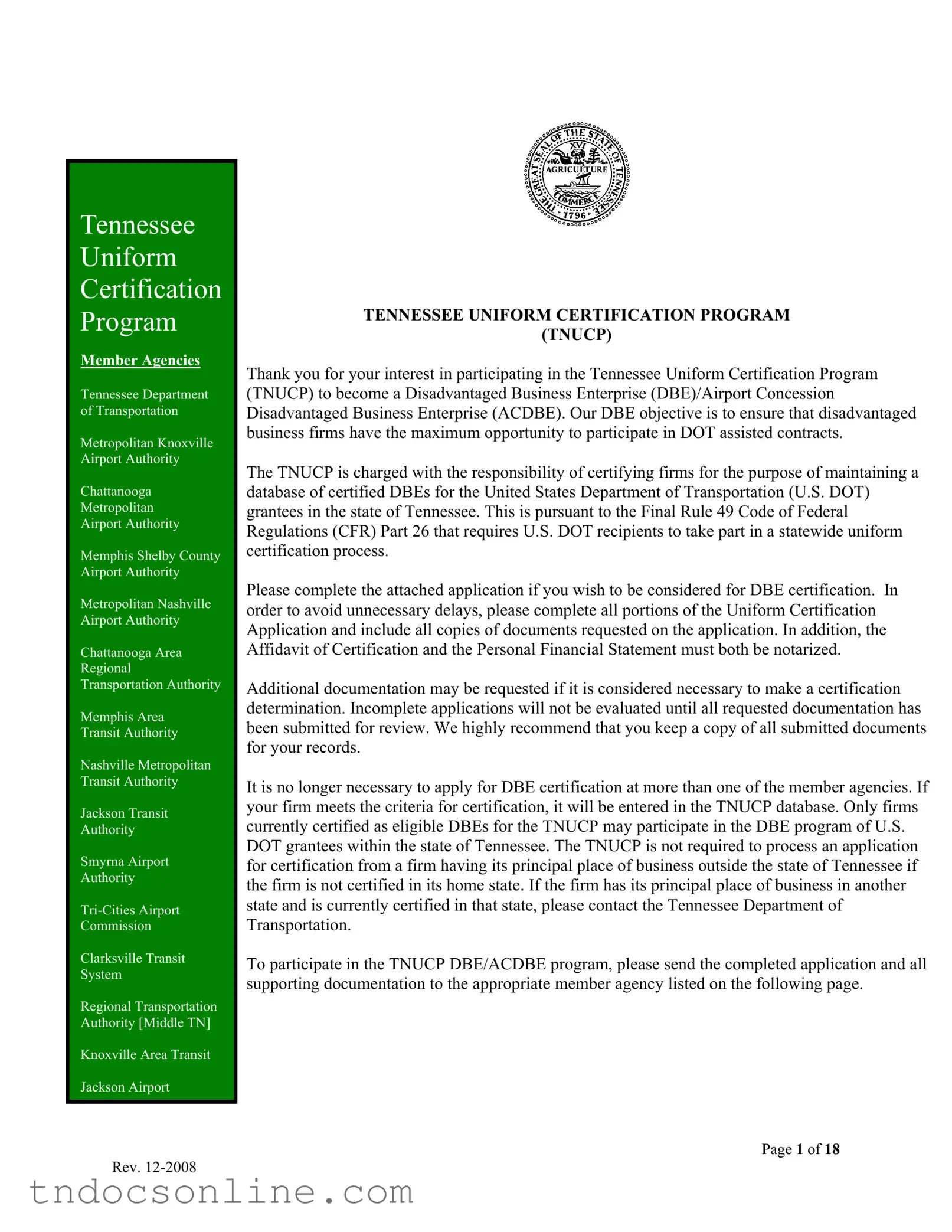 Download Tennessee Uniform Certification Template in PDF